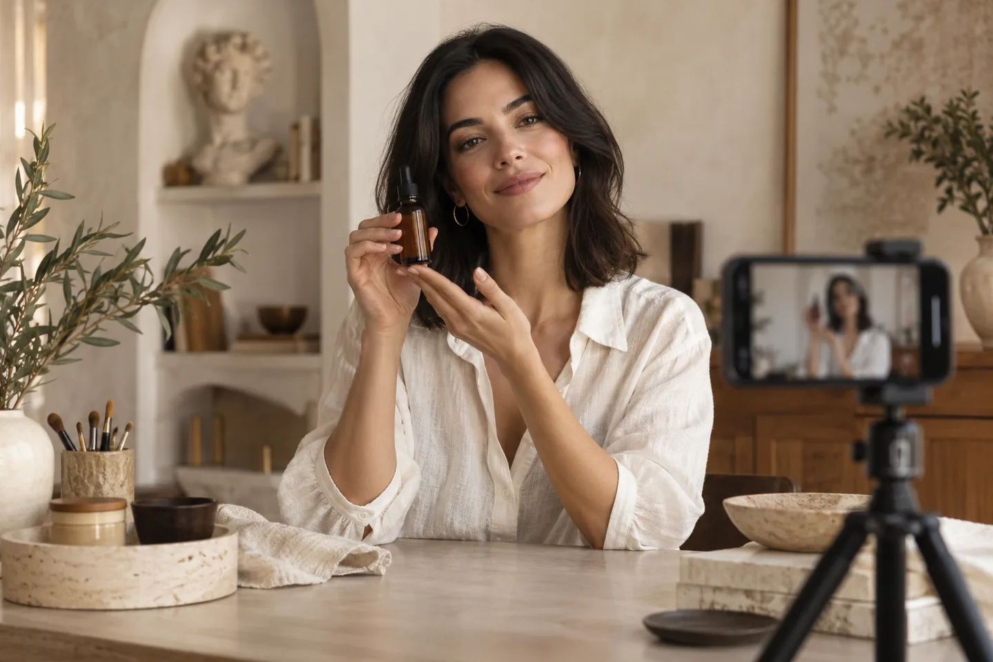 Creadora sintética en un set casero con un producto de ecommerce