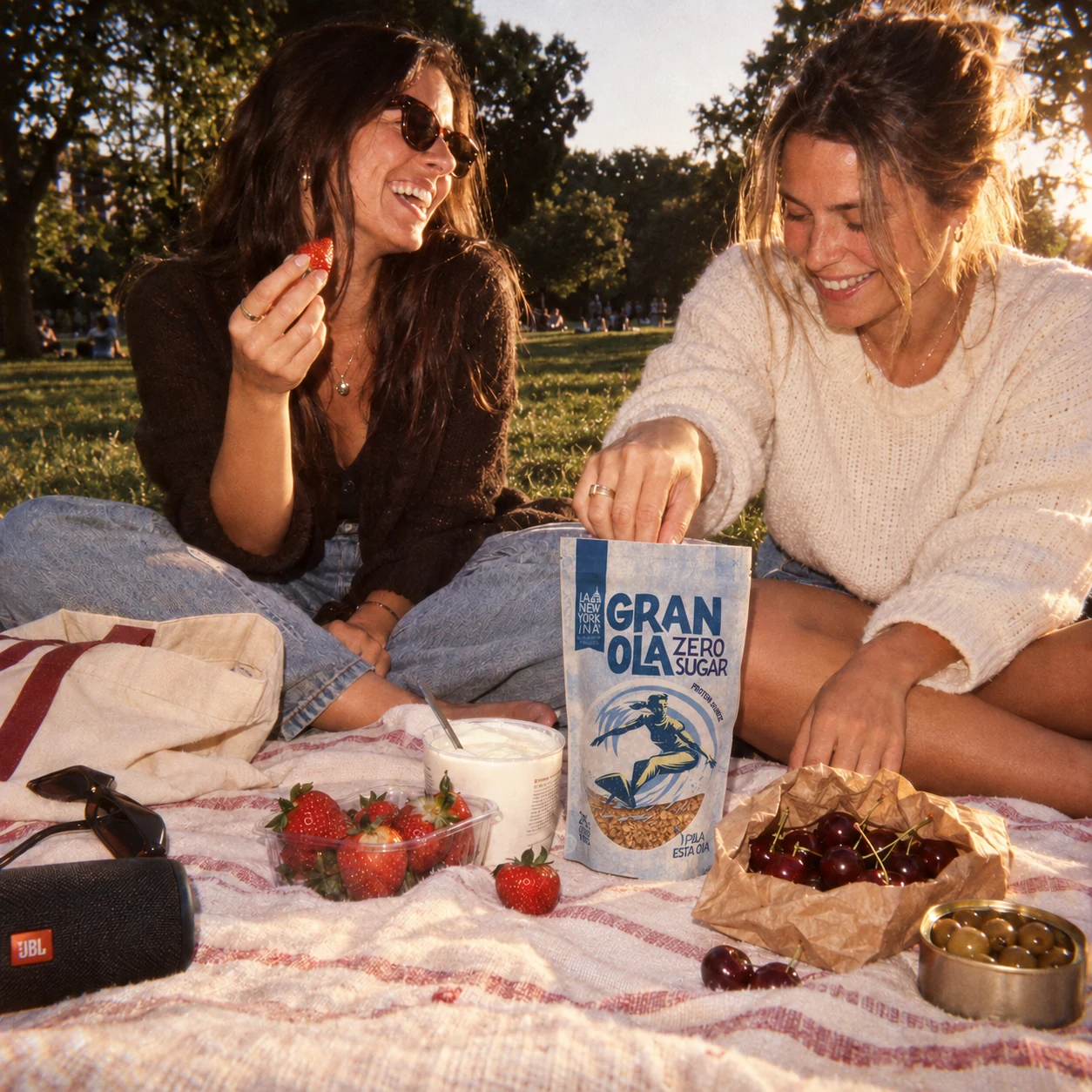Dos amigas comparten granola Zero Sugar de La Newyorkina en un picnic
