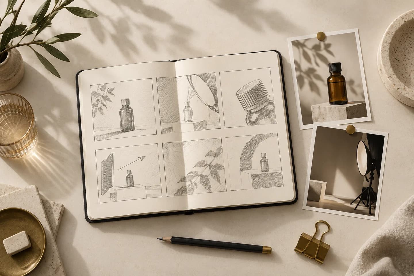 Cuaderno de producción con referencias de producto y storyboard